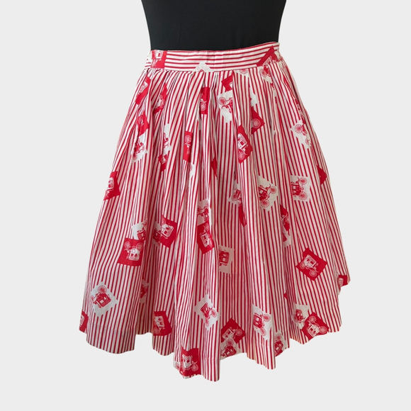 Vintage Dresses & Skirts - Vintage 1950s Red White Stripe Carriage Print Circle Skirt XXS XS